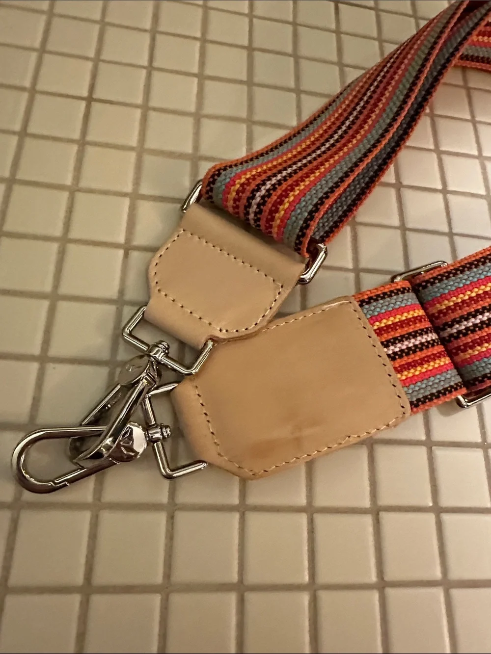 Adjustable Orange Striped Webbing Bag Strap with Leather Accents guitar strap